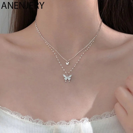 ANENJERY 925 Sterling Silver  Double Layer Dainty Jewelry Butterfly